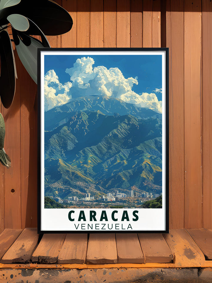 The picturesque scenery of Caracas with Avila Mountain as a backdrop is featured in this vibrant travel poster, perfect for adding Venezuelas unique charm to your home.