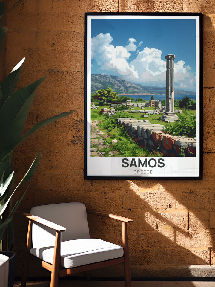 This Samos travel print captures the timeless beauty of Greeces Aegean coast, featuring the ancient ruins of the Heraion. Its a perfect choice for anyone who wants to bring the spirit of Greece into their home.