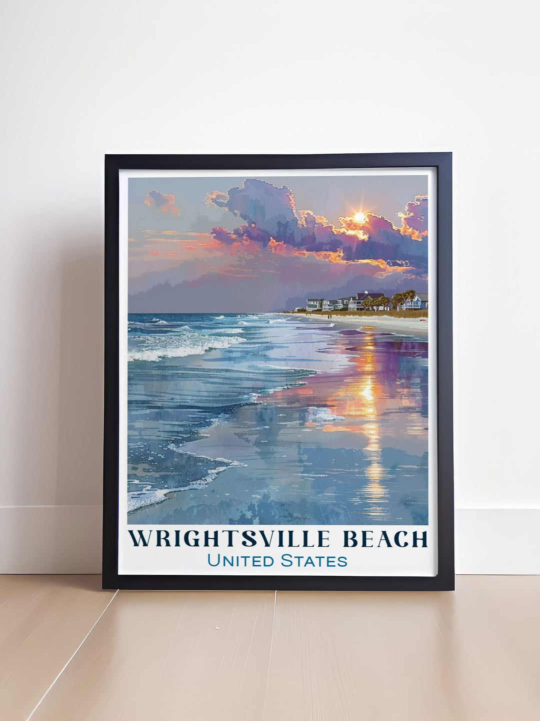 Modern wall decor featuring the picturesque setting of Wrightsville Beach, North Carolina. This print highlights the beachs stunning landscapes and vibrant community, perfect for adding a contemporary touch of coastal charm to your home decor.