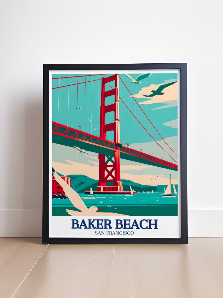 Baker Beach Custom Print featuring the golden sands, ocean views, and iconic structures of San Franciscos Baker Beach. The artwork brings out the best of Californias coastal beauty, making it an excellent choice for those who appreciate the serenity and charm of beach landscapes