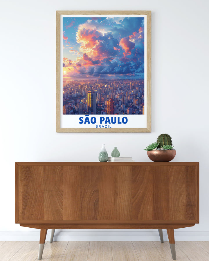 Brazil print showcasing Sao Paulos iconic skyline in stunning detail. This vibrant skyline artwork is perfect for modern home decor and makes a wonderful Sao Paulo gift for art lovers and travel enthusiasts looking to add culture to their space.