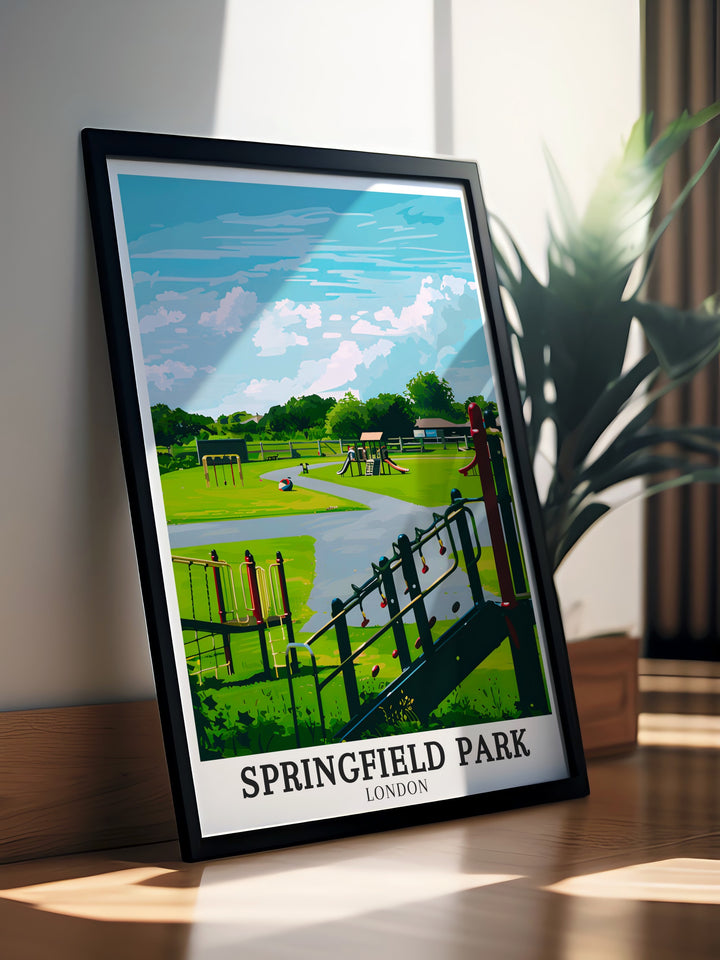 Beautiful Springfield Fun Park London Borough framed print featuring the scenic River Lea and surrounding landscapes perfect for creating a calm and serene atmosphere in any room a must have for fans of East Londons natural beauty.