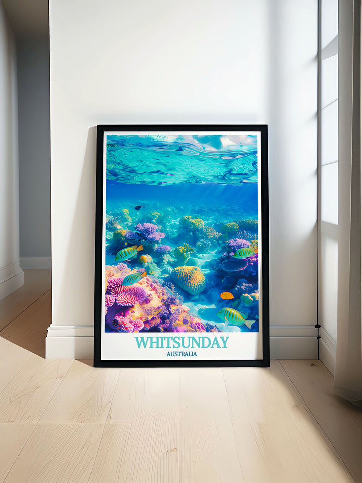 Whitsunday Islands Travel Prints featuring the stunning Great Barrier Reef bring the beauty of Australian beaches to your home perfect for nature lovers looking for beach wall art and travel posters from Whitsunday Australia