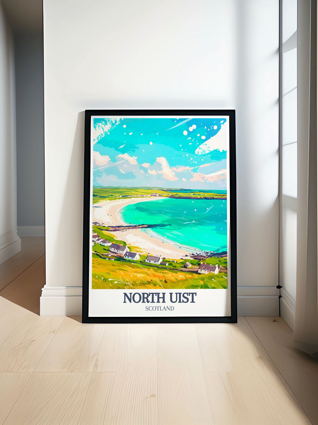 This North Uist travel poster highlights the striking landscapes of Eaval Mountain and the peaceful atmosphere of Sollas Beach. Perfect as a canvas art piece or wall poster, this artwork brings a touch of the Scottish Highlands into your home decor.