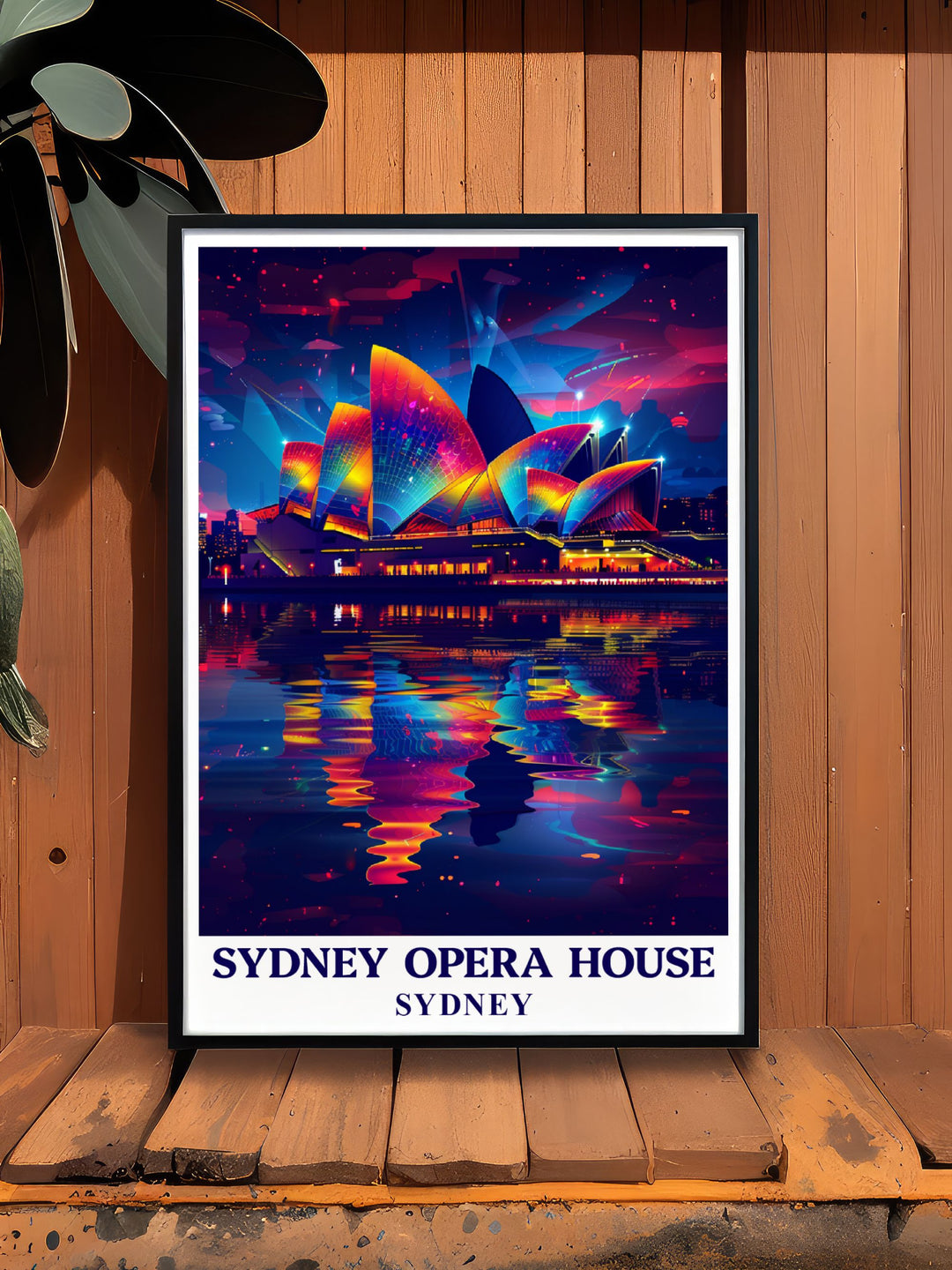 Retro travel poster of Sydney Opera House and Harbour Bridge illustrating the beauty of Sydney Harbour in a timeless style perfect for adding a touch of Australia to your home