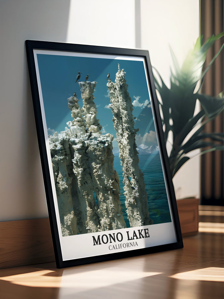 Stunning Mono Lake Artwork with Tufa towers and Sierra Nevada Mountains ideal for adding California decor to your home. This print highlights the beauty of Mono Lake creating a perfect piece of art for modern living spaces or offices.