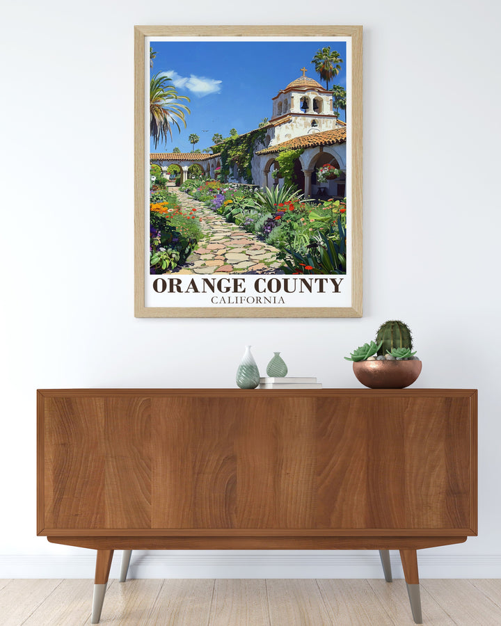 Orange County travel poster showcasing the historic architecture of Mission San Juan Capistrano. This wall art captures the missions timeless beauty and offers a refined design for modern décor. Perfect as a personalized gift or addition to your own art collection, available in various formats for customization.