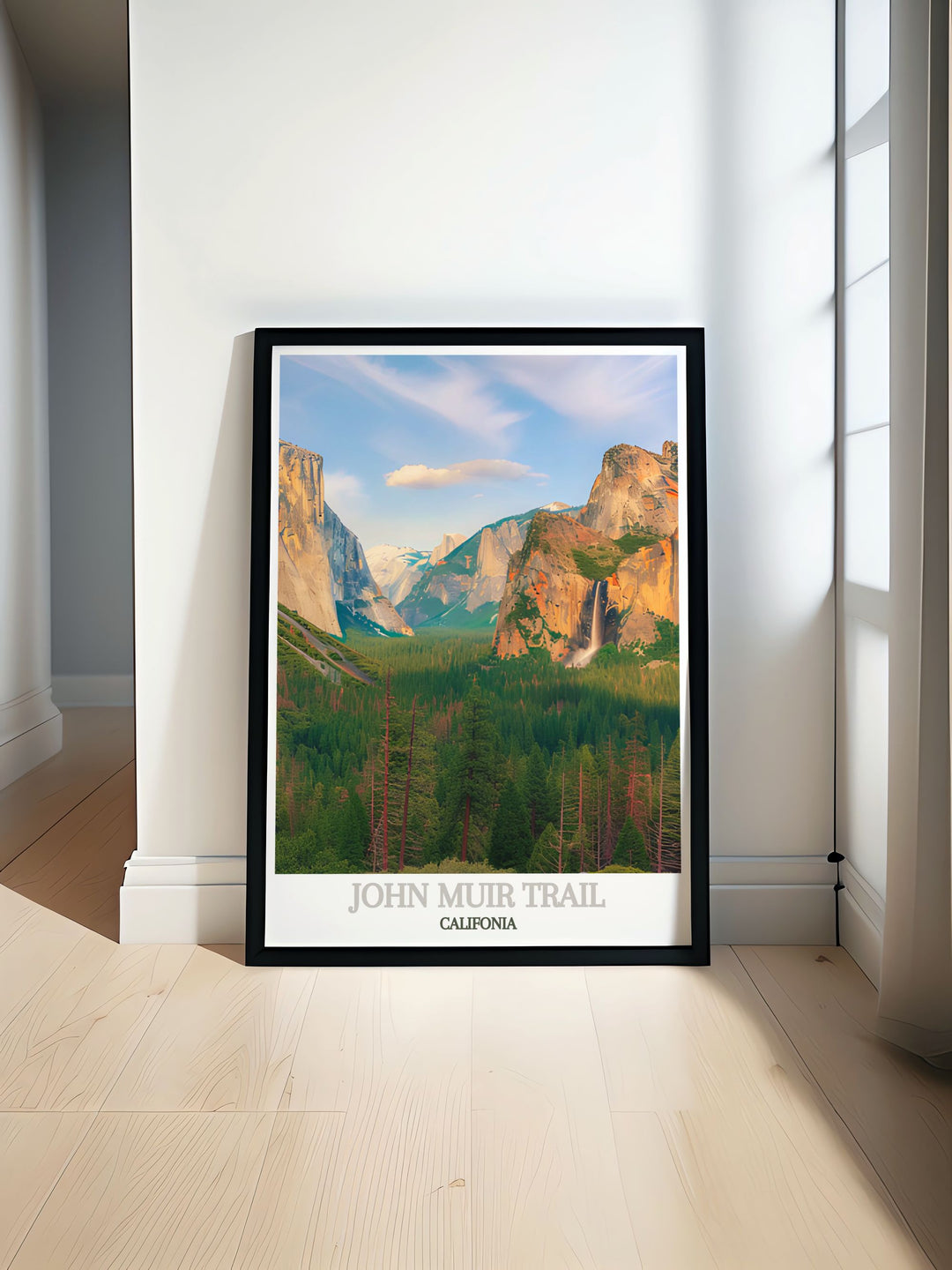 The picturesque Yosemite Valley, known for its serene beauty and iconic landmarks, is highlighted in this travel poster. Perfect for those who appreciate natural wonders, this artwork captures the charm of Californias famous valley.