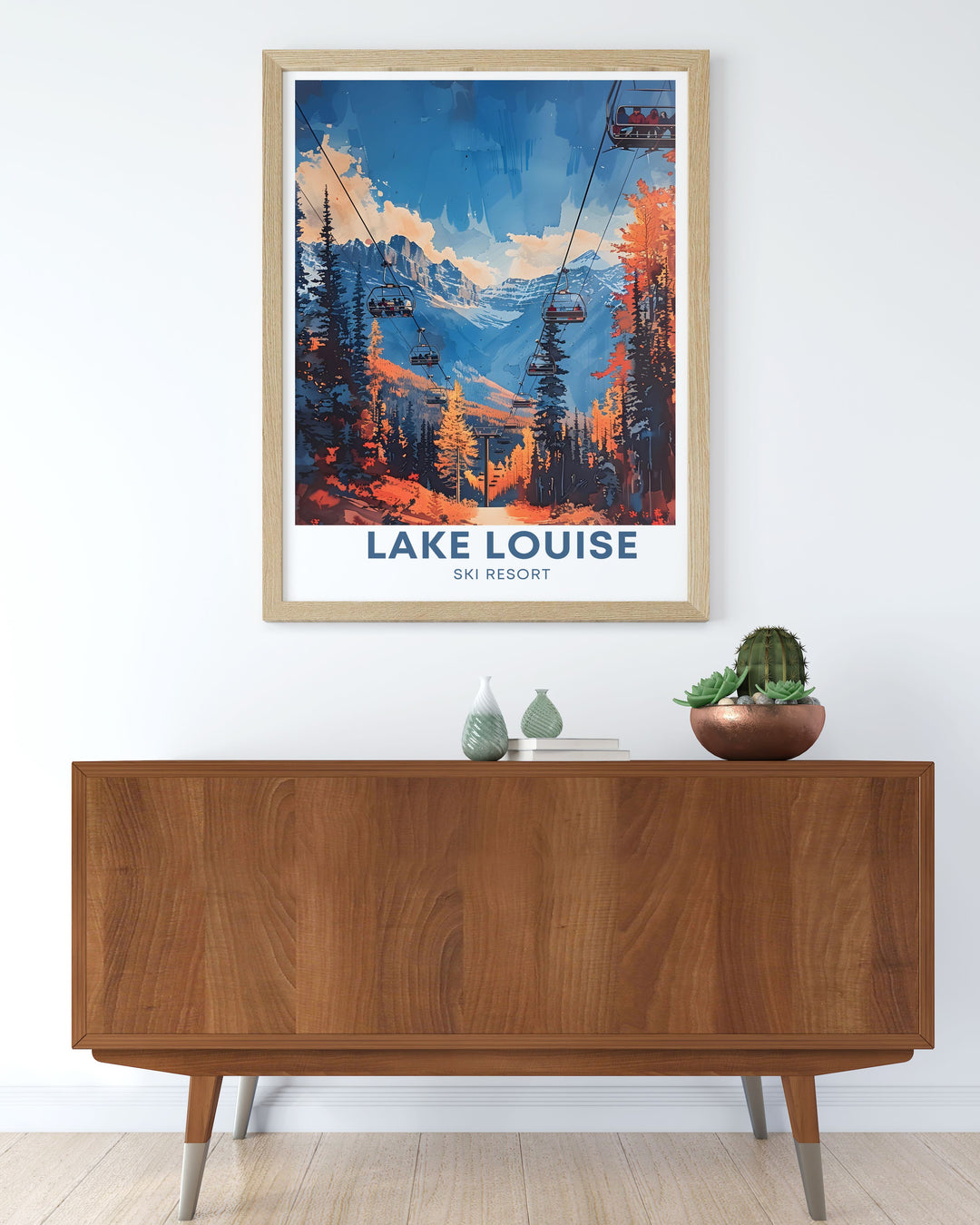 This travel poster showcases the thrilling ski experience at Lake Louise Ski Resort, with a focus on the Top of the World Express lift. The vibrant depiction emphasizes the excitement and breathtaking views available to visitors.