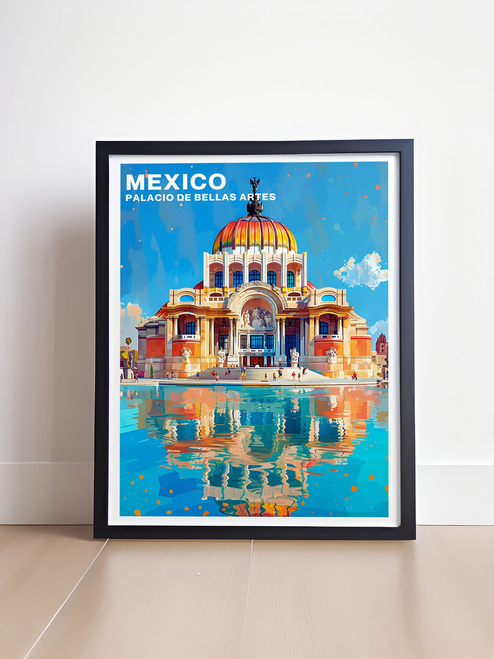 Immerse yourself in the artistic splendor of Palacio de Bellas Artes with this vibrant travel poster. A perfect addition to your Mexico decor collection. This Palacio de Bellas Artes print captures the essence of this iconic landmark and is perfect for home decor or as a gift.