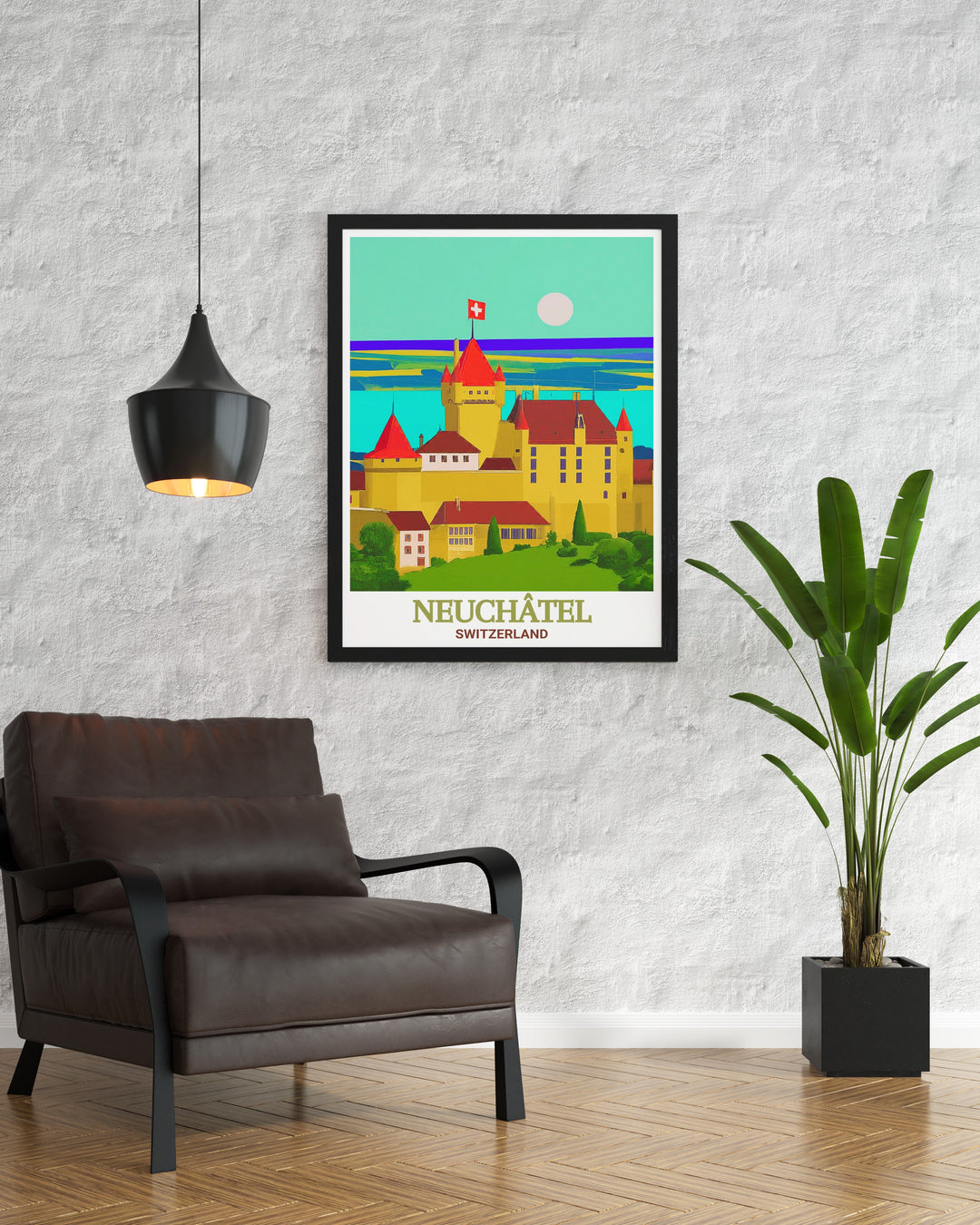 Elegant Neuchatel Castle artwork perfect for enhancing any living room or office decor. This Lake Neuchatel art print brings the beauty of French landscapes and historical architecture into your home with a timeless and sophisticated design.