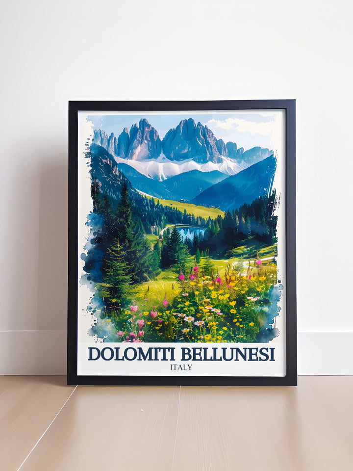 Dolomite range wall art print showcasing the timeless beauty of the Dolomiti Bellunesi perfect for creating an atmosphere of adventure and tranquility in any room.