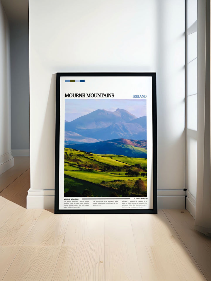 Experience the breathtaking scenery of the Mourne Mountains with this National Park print showcasing the beauty of Northern Ireland art perfect for home or office decor adding a touch of the Irish countryside to any space