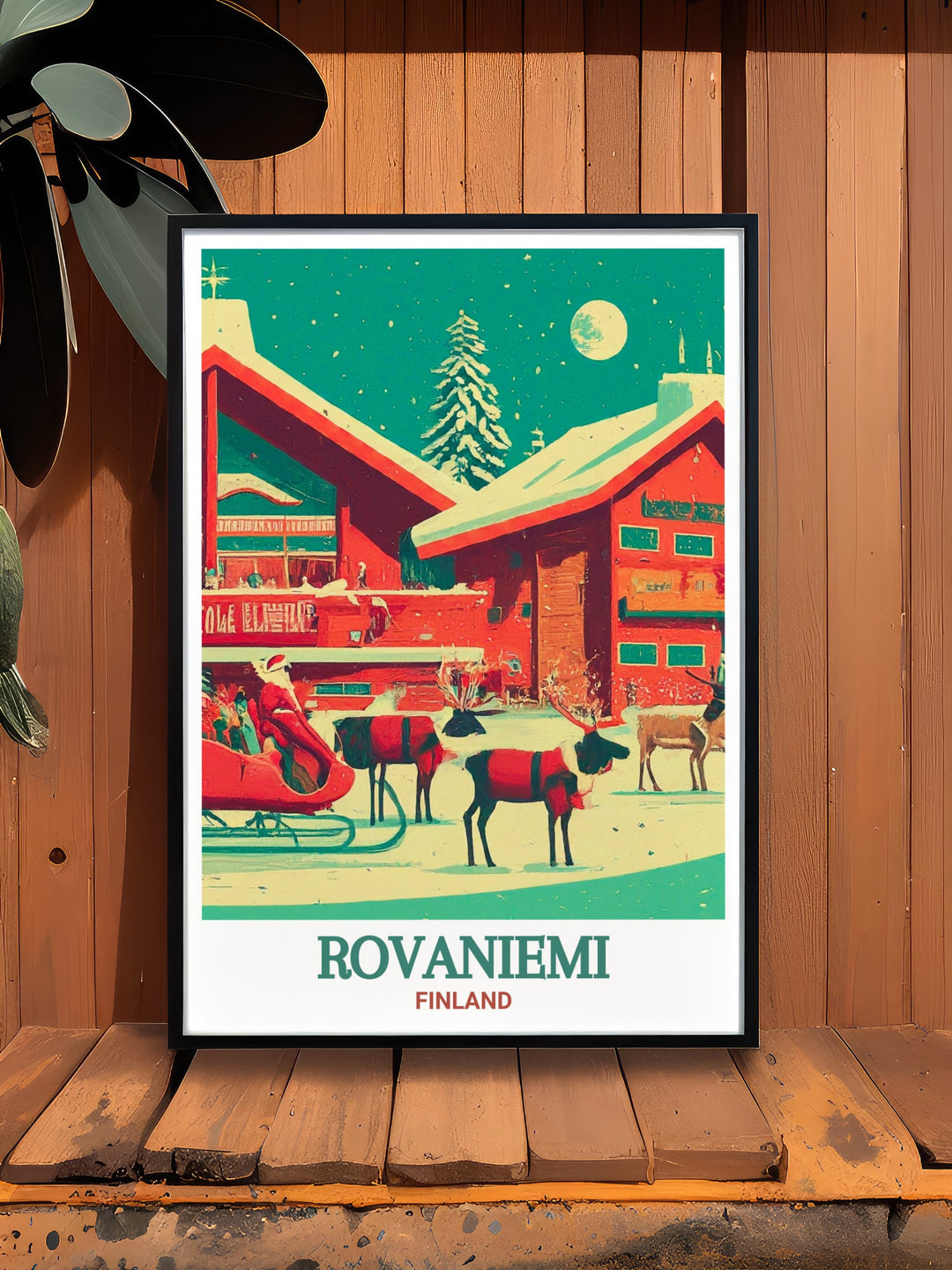 An exquisite depiction of Santa Claus Village in Rovaniemi, Finland, with snow covered scenery and holiday lights. This travel poster is perfect for those who love winter and the festive season.