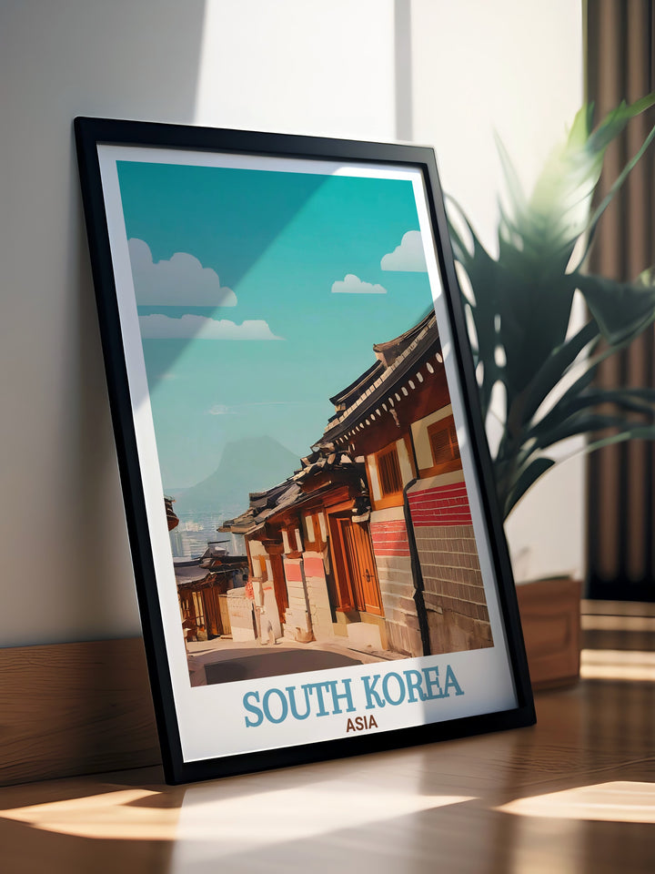 Modern Bukchon Hanok Village artwork that brings the charm of traditional Korean village life into your home perfect for enhancing your wall decor with a touch of South Korean culture