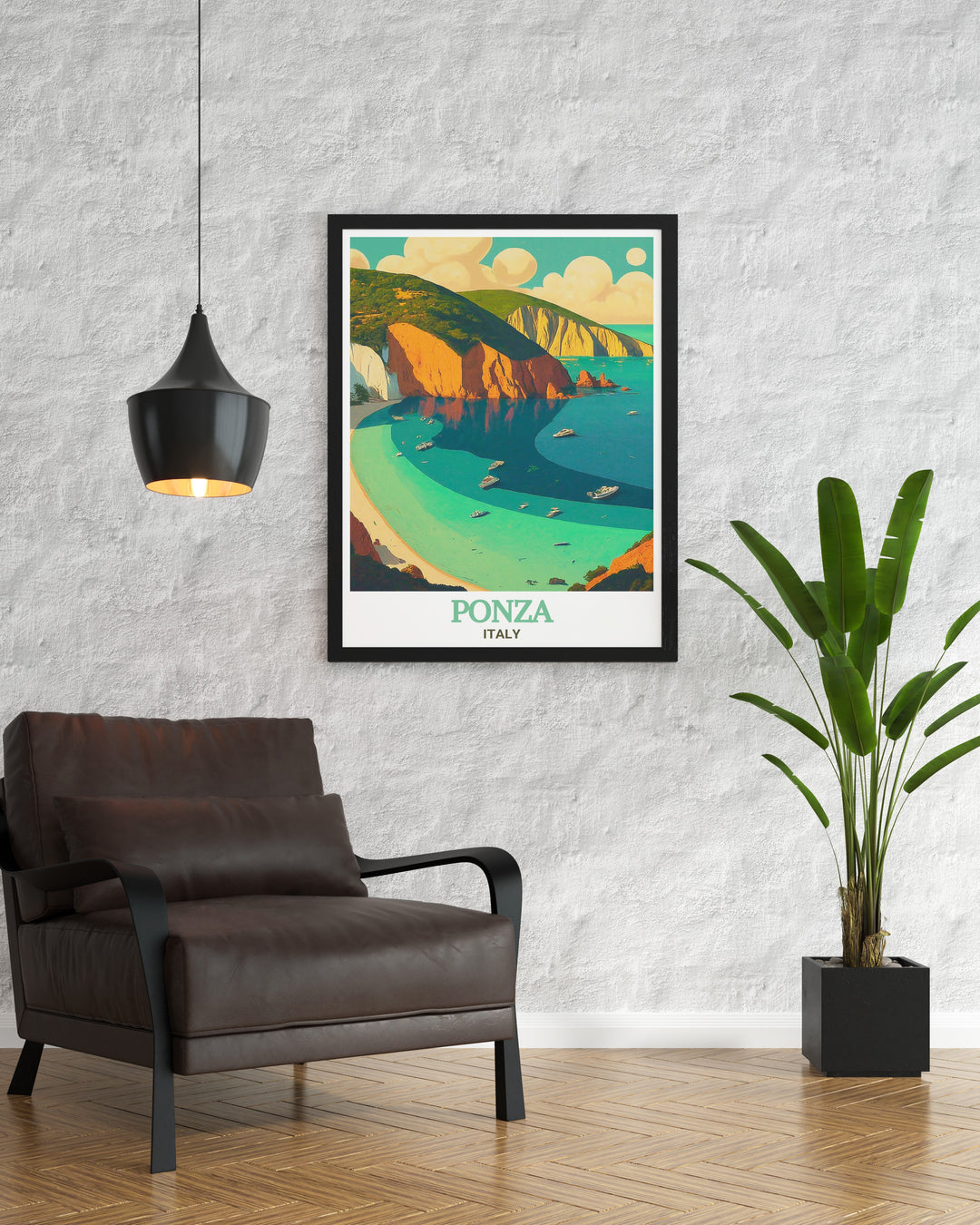 Ponzas Chiaia di Luna is an iconic beach known for its breathtaking cliffs and crystal clear waters. This print beautifully showcases the natural beauty of this Italian paradise, making it a perfect addition to any home that values coastal elegance. Bring the allure of Italys coast into your space with this stunning artwork.