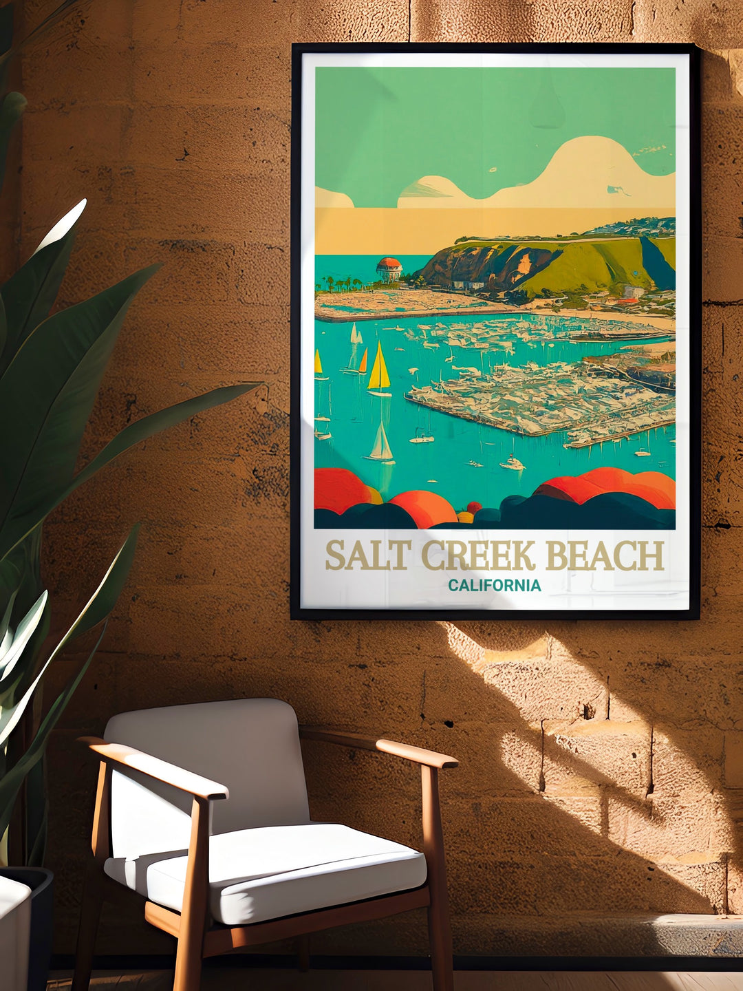 A stunning view of Salt Creek Beach and Dana Point Harbor in California, showcasing the pristine sands, vibrant ocean, and clear skies. This print captures the essence of Californias coastal beauty, making it an ideal addition to any room seeking a touch of seaside serenity.