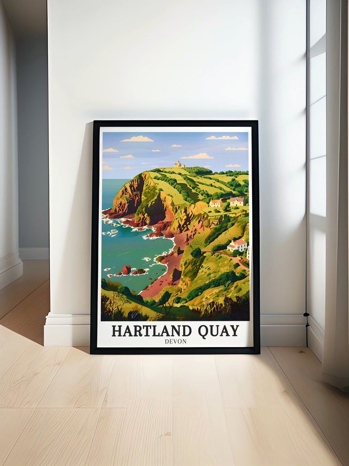 North Devon wall art offering a tranquil depiction of the regions scenic landscapes, with its rolling hills and calm ocean views. This framed art piece is perfect for creating a peaceful atmosphere in any space, allowing you to bring the beauty of North Devon into your home.