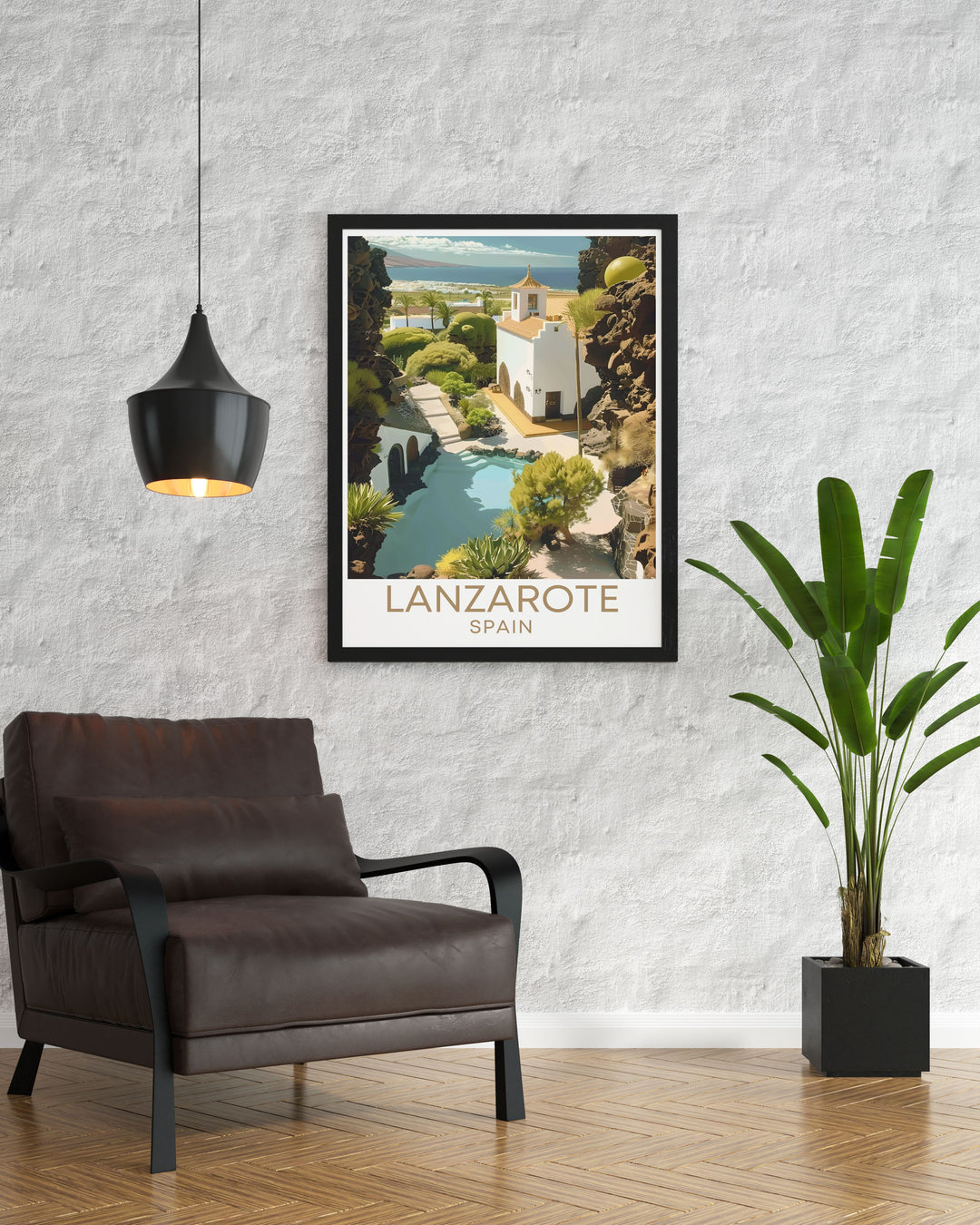 Highlighting the beautiful Cesar Manrique Foundation in Lanzarote, this travel poster captures the essence of Manriques environmental art, bringing the islands striking contrasts of black lava, white buildings, and blue skies into your living space.