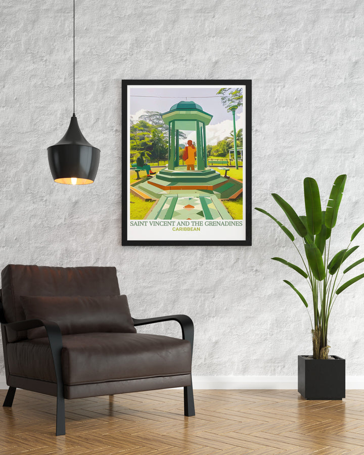 A detailed travel print of the Botanic Gardens in Saint Vincent, capturing the rich greenery and exotic flora of the Caribbean. This artwork brings the essence of a tropical paradise into your home, ideal for creating a peaceful and refreshing atmosphere.