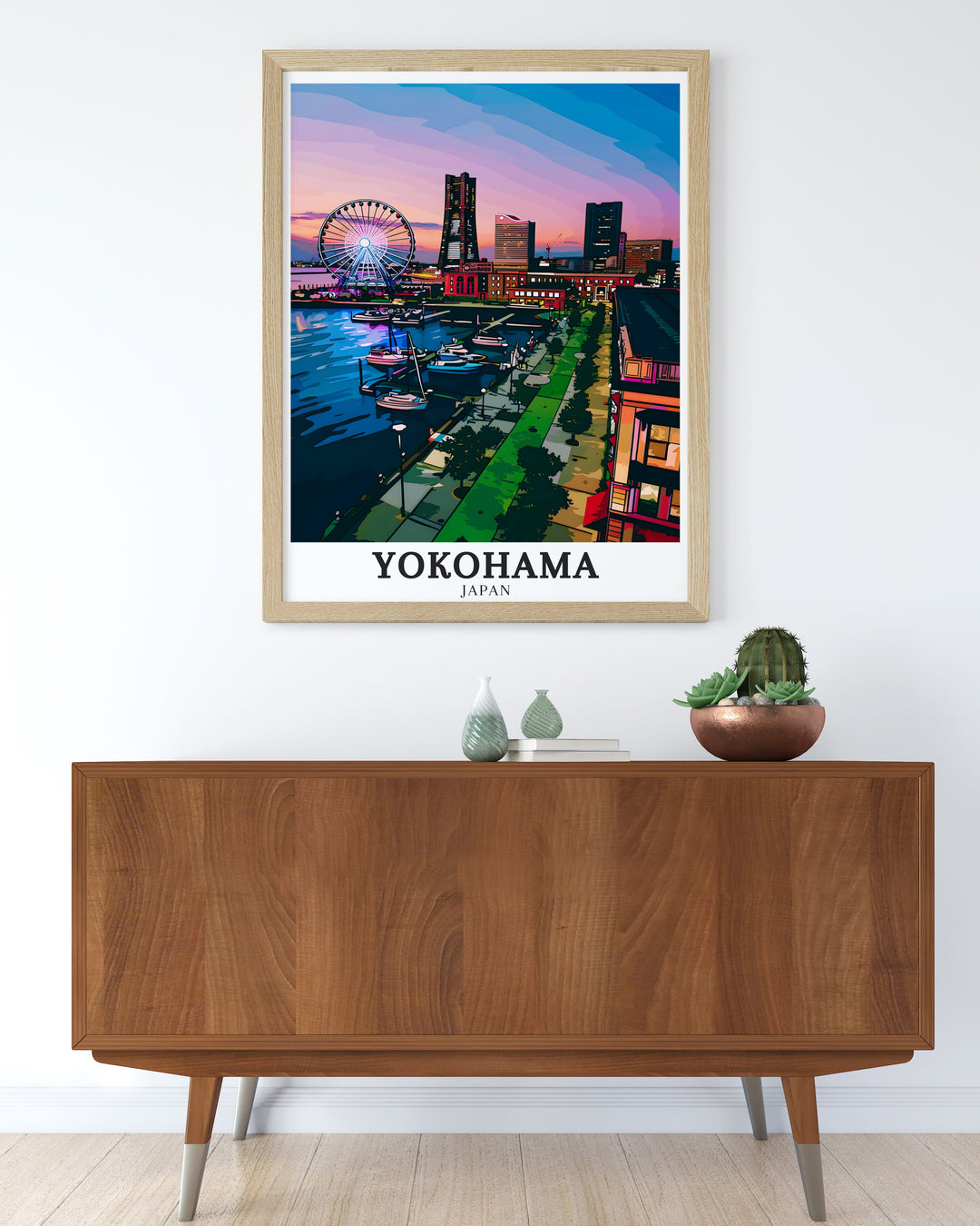 The harbor view from Yamashita Park, featuring the Ferris wheel in the distance, is depicted in this elegant artwork. The print captures the gentle balance between Yokohamas vibrant cityscape and the parks peaceful ambiance, offering a unique perspective on Japans urban charm. Ideal for enhancing any living space with Japanese flair.