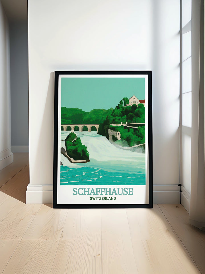 Rhine Falls art print. An exquisite piece featuring the natural beauty and powerful energy of this Swiss landmark. Ideal for adding a touch of natures grandeur to any room. Perfect for gifts and home decoration. Enhances any space with Swiss elegance.