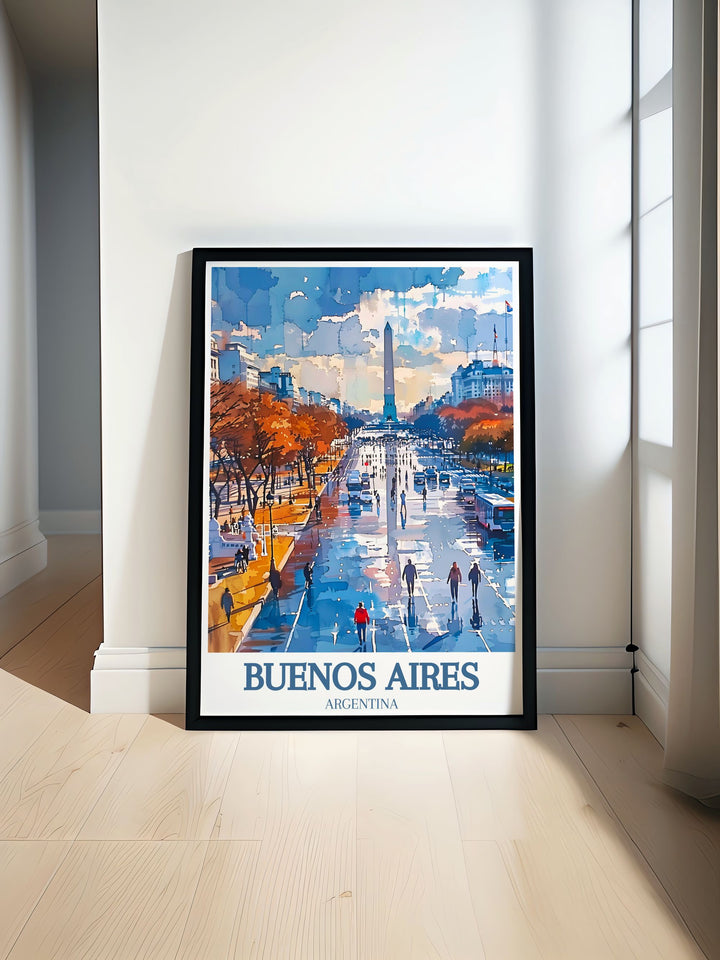 This travel poster captures the iconic Obelisk in Buenos Aires and the vibrant Plaza de la Republica, perfect for adding Argentinas urban charm and cultural significance to your decor.