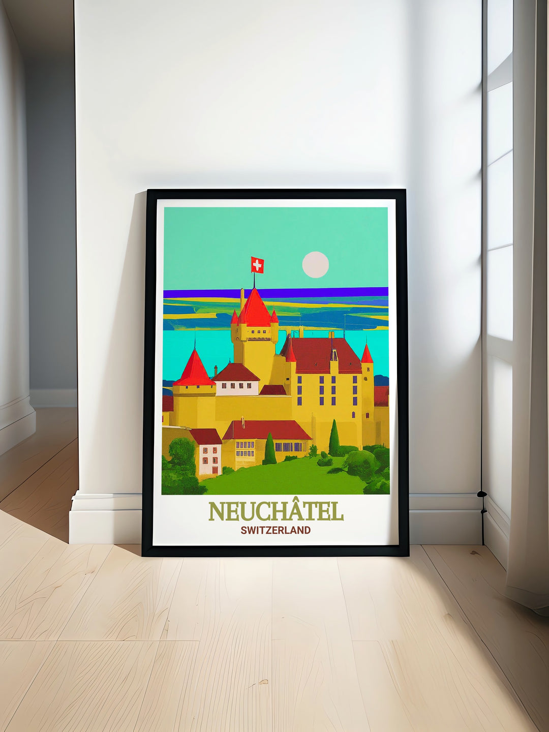 Beautiful Neuchatel Castle artwork featuring the serene waters of Lake Neuchâtel. This France wall art adds elegance to your living room or bedroom with its blend of natural beauty and historical architecture. Perfect for travel art lovers and modern home decor.