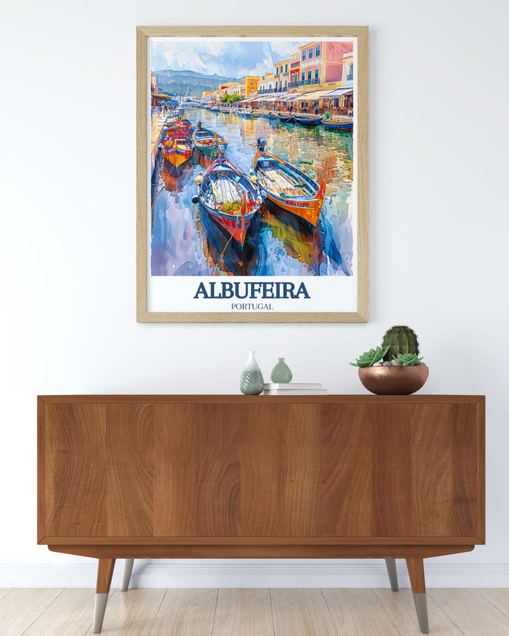 Vintage travel poster of Albufeira, Portugal, highlighting the picturesque Albufeira Marina, ideal for adding a touch of nautical charm to any space.