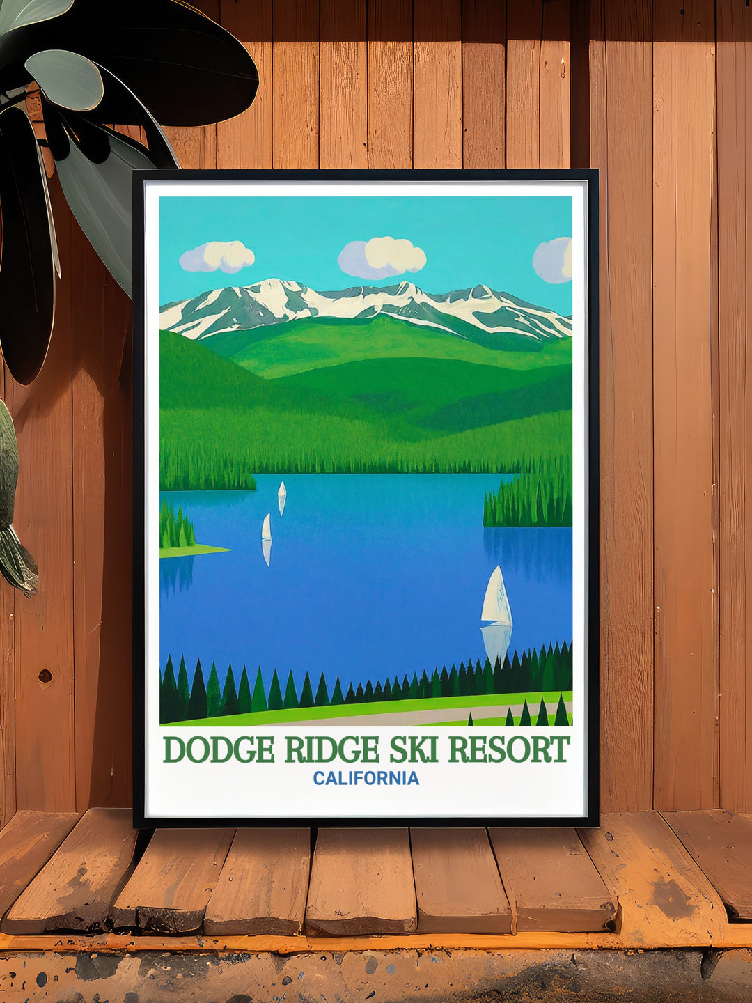 Scenic poster of Dodge Ridge Ski Resort and Pinecrest Lake featuring a stunning winter landscape, ideal for adding a touch of adventure and natural beauty to your home decor. This print celebrates the allure of one of Californias premier ski resorts.