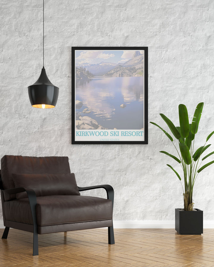 Beautiful nature print of Caples Lake featuring its clear blue waters and surrounding verdant landscape. The print captures the serene beauty of the lake and its natural surroundings, perfect for enhancing your home decor with a touch of nature.