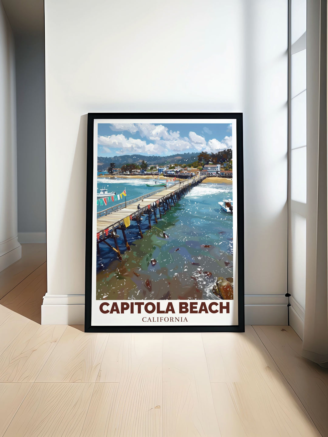 Vibrant Capitola Wharf Travel Poster capturing the serene beauty of Californias coastline perfect for home decor and gifts enhancing any living space with the charm of Capitola Wharf and making it a wonderful addition to your art collection