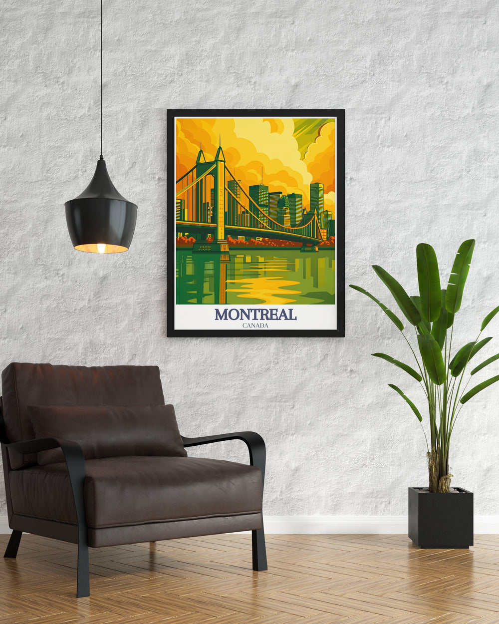 Celebrate Montreals landmarks with this stunning travel poster featuring the Jacques Cartier Bridge and St. Lawrence River. The art print captures the essence of the citys mix of architectural beauty and natural scenery.
