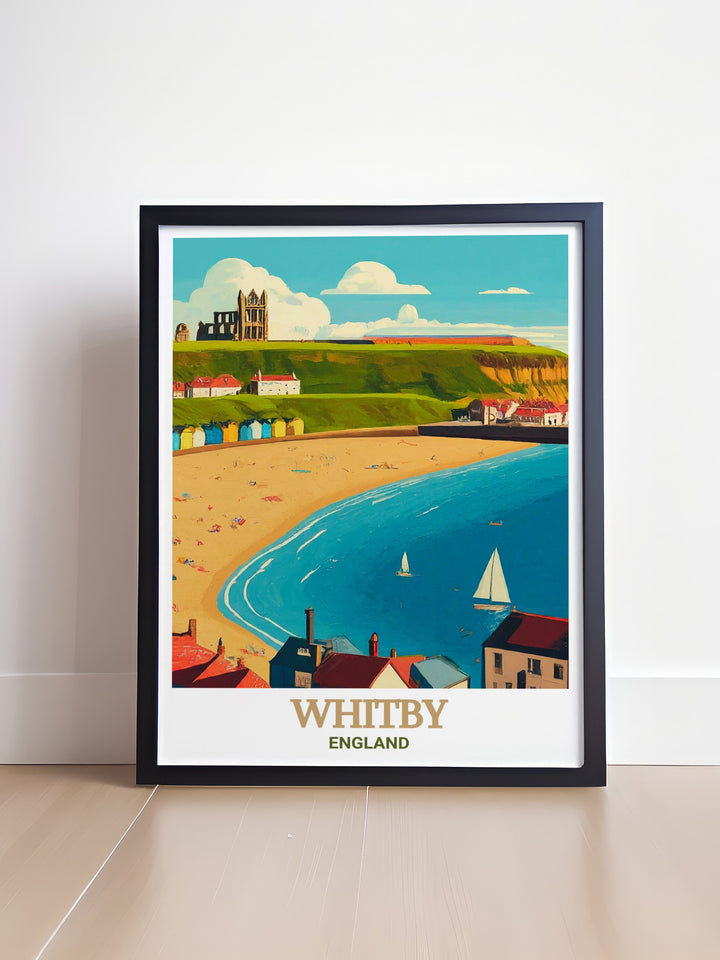 Saltburn funicular and pier framed print, a nostalgic reminder of seaside holidays in the UK. This beautiful travel poster celebrates the unique combination of history and beauty found in Saltburn, a favorite among British seaside destinations.