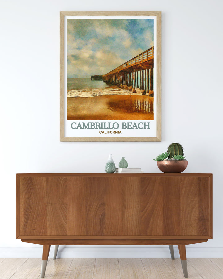 Discover the tranquil vibes of Cambrillo Beach Pier with this California art print. Ideal for home decor this stunning piece captures the peaceful atmosphere of the pier making it a perfect addition to your living space. Great for gifts or personal enjoyment.