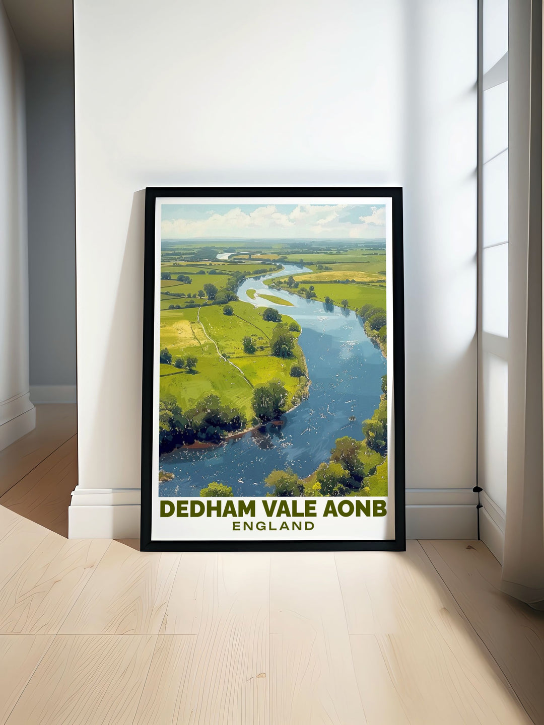 Home decor print illustrating the scenic beauty of the Natural Beauty Terrain in Dedham Vale, highlighting the lush meadows and serene riverbanks of Englands countryside.