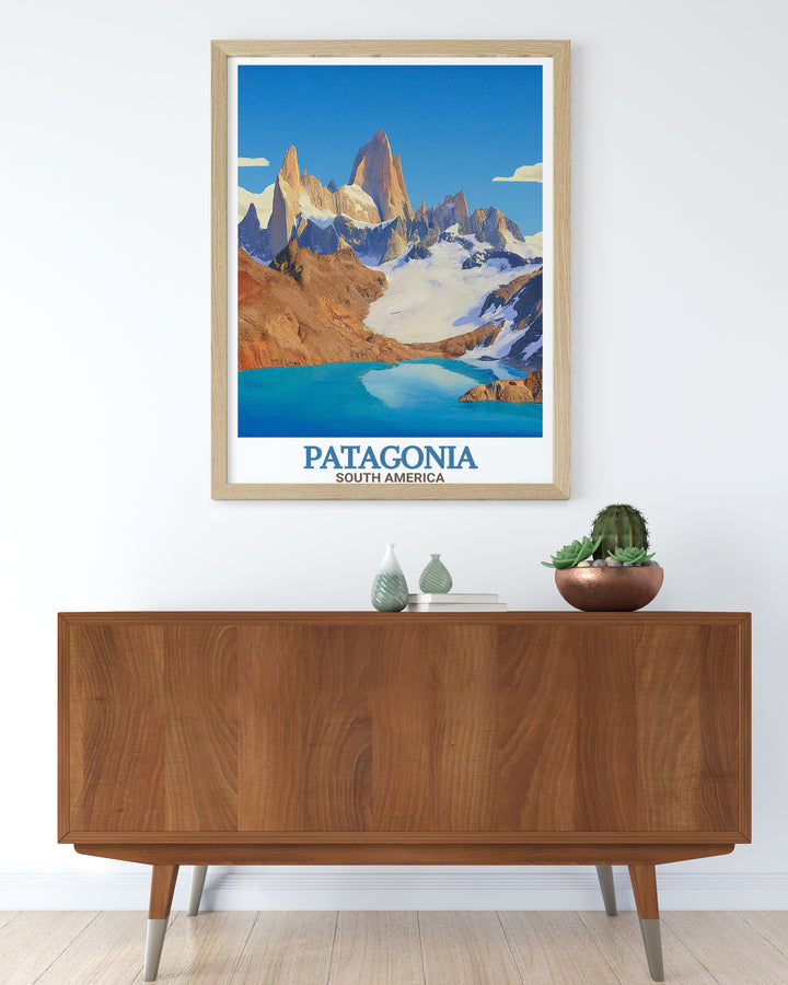 Retro travel poster featuring Torres Del Paine and Mount Fitz Roy in Patagonia. A beautiful addition to any wall art collection showcasing the majestic landscapes of South America. Ideal for travel enthusiasts and art lovers.