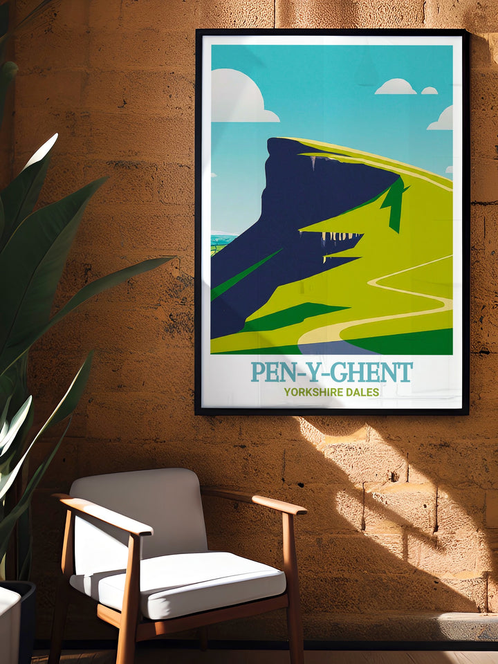 Pen Y Ghent travel poster showcasing the rugged beauty of Pen Y Ghent and Pen Y Ghent Nose in the Yorkshire Dales. This artwork captures the essence of these iconic landmarks, perfect for home decor or as a gift for nature lovers. A timeless piece celebrating Yorkshire.