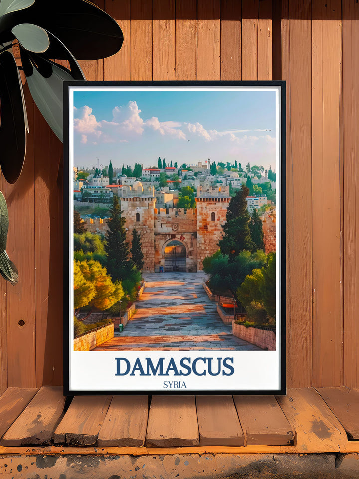 This Damascus travel poster brings the rich history of Syria into your home, featuring the grand Damascus Gate and the charming Sun City. Whether for home décor or as a unique gift, this print celebrates one of the worlds most fascinating cities.