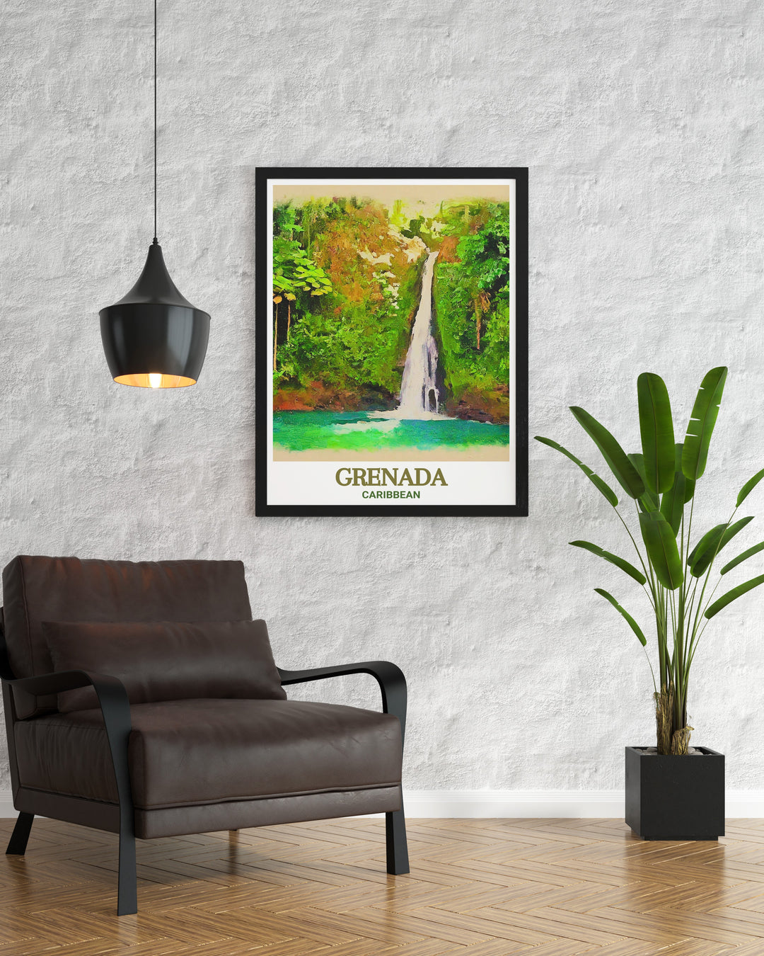 Grenada travel print featuring the stunning Annandale Falls, capturing the lush greenery and cascading waters of this beautiful destination. Perfect for home decor and as a unique gift for any occasion.