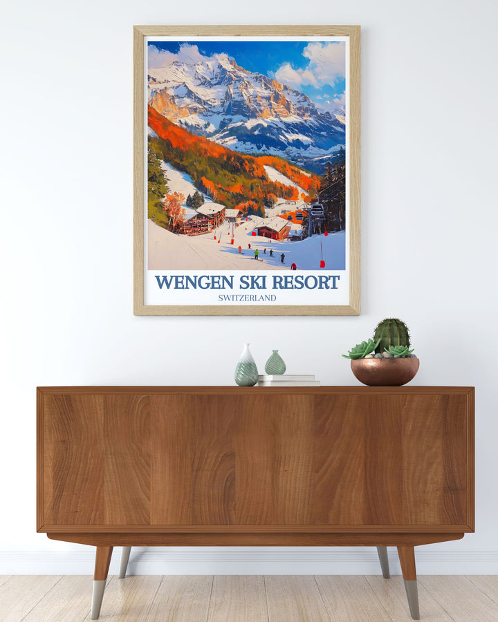 Exquisite gallery wall art of Wengen Ski Resort, capturing the charm of its snow covered chalets and scenic trails. This piece is perfect for creating a focal point that brings the serene beauty of the Swiss Alps into your home.