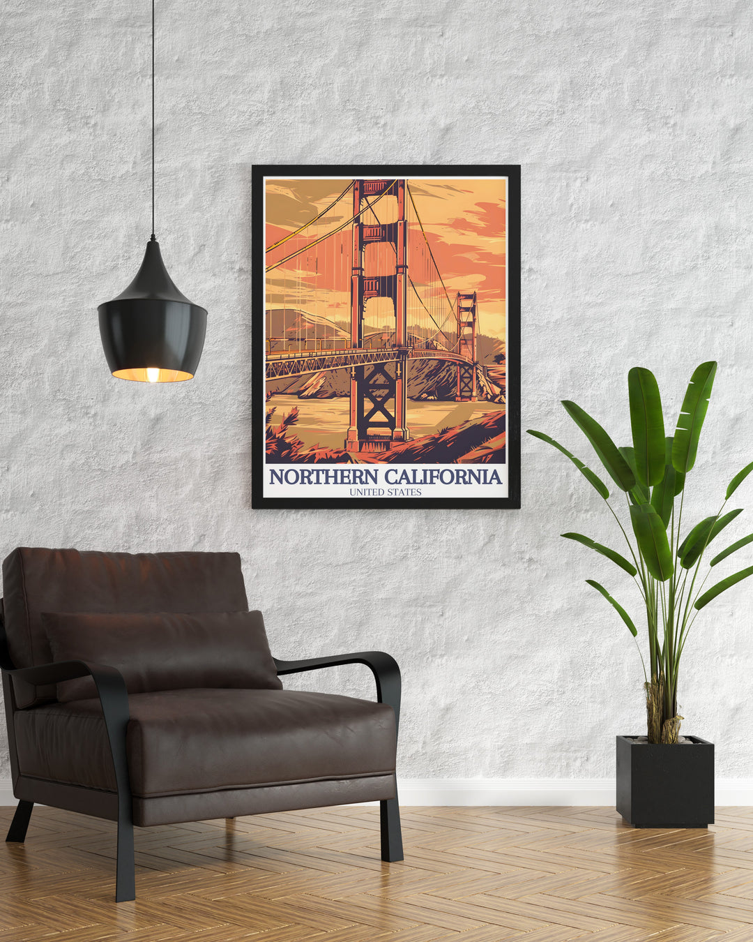 Redwood State Park Travel Print offers a breathtaking view of Northern Californias towering redwoods alongside the architectural marvel of San Franciscos Golden Gate Bridge. This wall poster captures the serene beauty of the Redwood Sequoia forests, making it the perfect addition to any nature lovers collection.