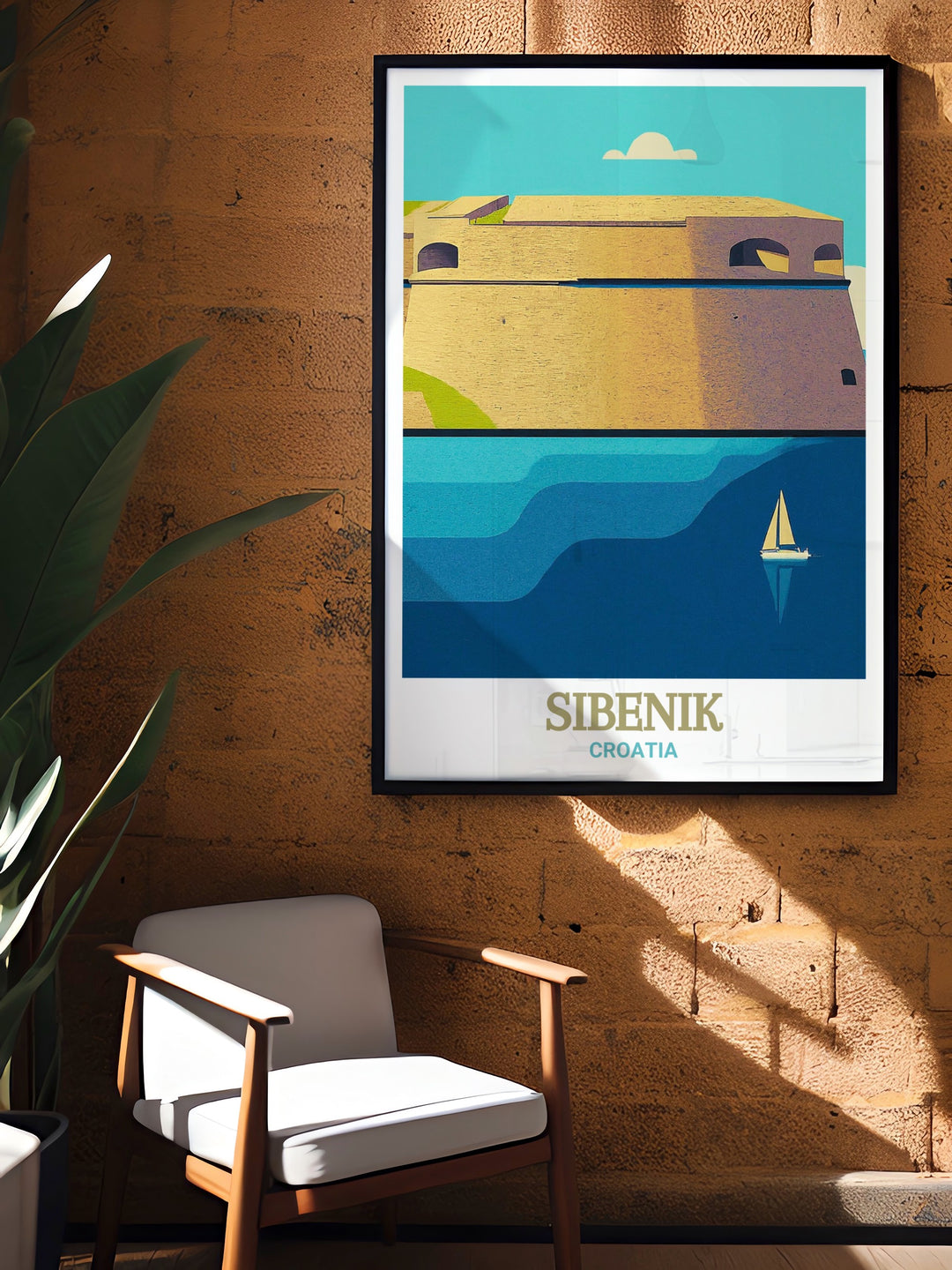 Travel print highlighting the St. Nicholas Fortress in Sibenik, Croatia. This detailed artwork showcases the fortresss role in protecting the town during the Venetian period, offering a glimpse into Croatias rich historical and architectural heritage, ideal for decorating any space with a touch of history.