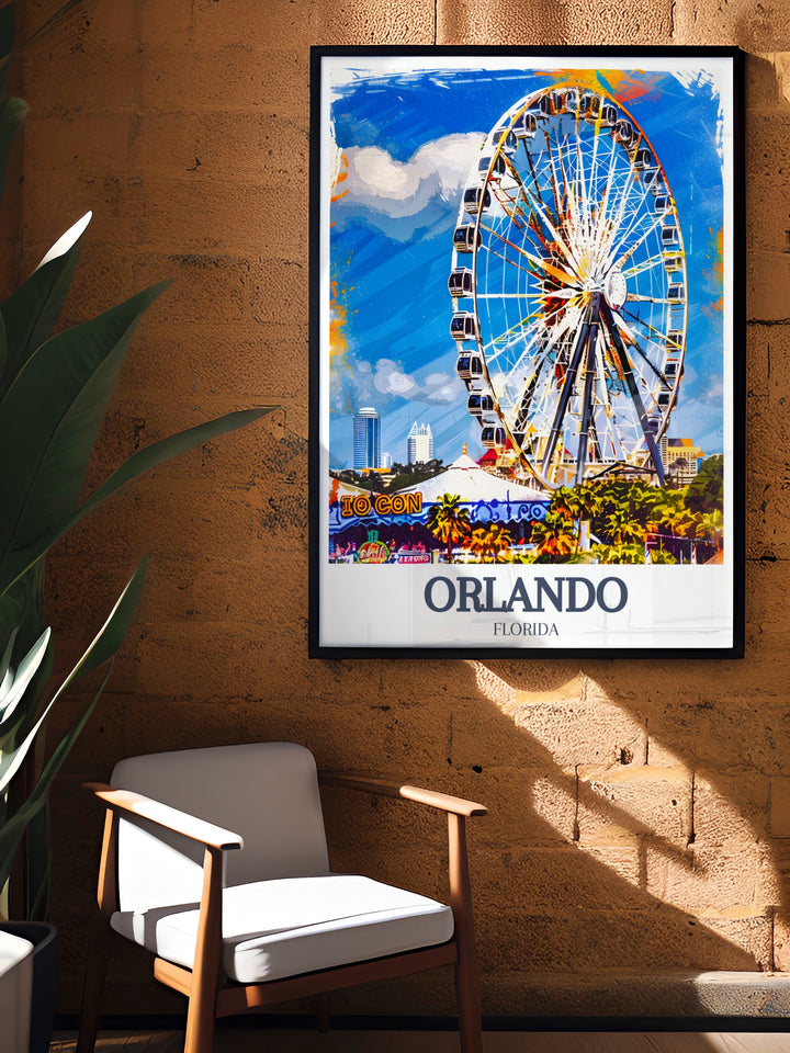 Orlando Eye canvas print highlighting the breathtaking views of Orlando from one of the tallest observation wheels in the world. This poster brings the thrill of ICON Park into your home, providing a modern and artistic representation of Orlandos top attractions. Available in various formats, including framed options.