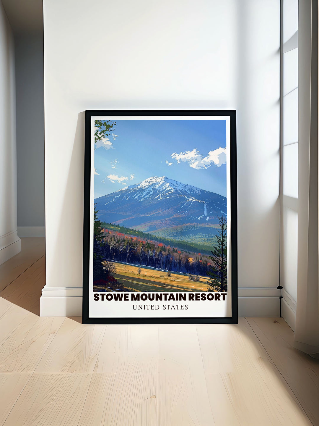 Captivating art print of Mount Mansfield and Stowe Ski Resort perfect for adding a touch of New England skiing charm to your home decor and enhancing your living room with vibrant colors and detailed imagery