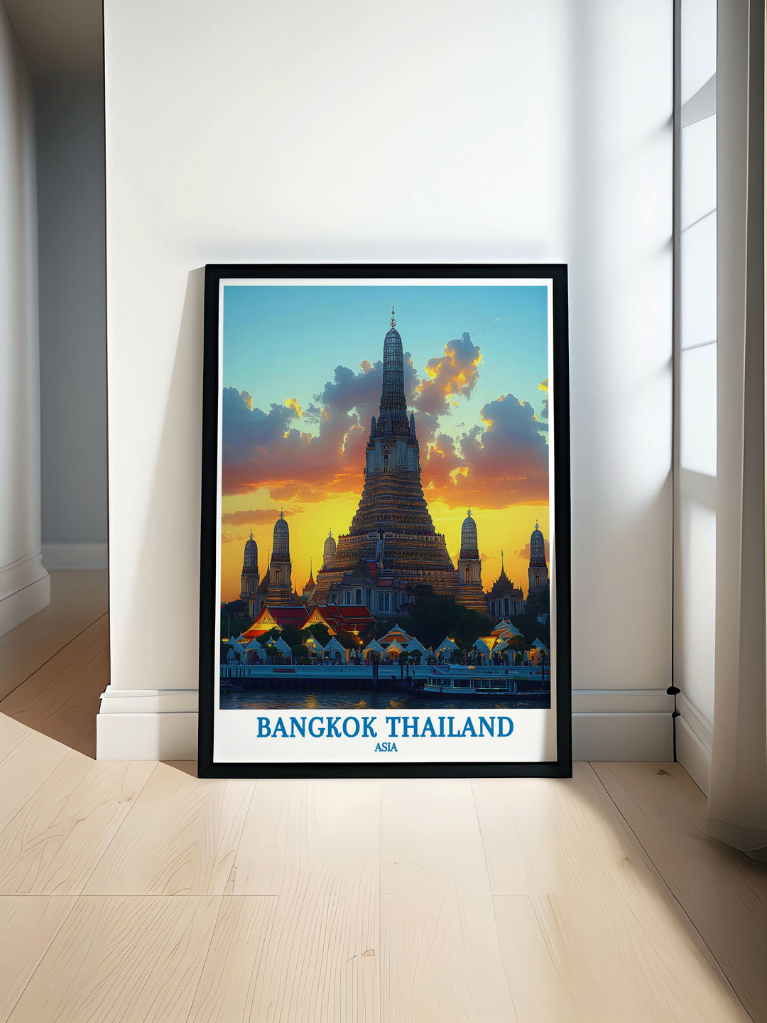 Wat Arun framed art capturing the intricate details and majestic spires of the Temple of Dawn, perfect for adding a touch of cultural richness and historical beauty to any living space.