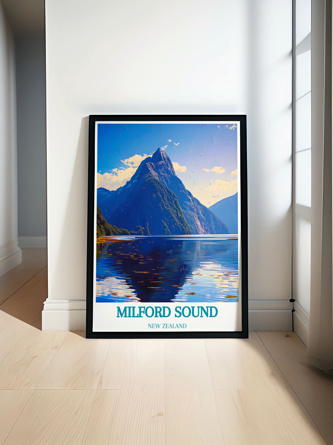 Milford Sound print featuring the iconic Mitre Peak with its majestic shape and towering presence against the stunning New Zealand landscape. A perfect nature poster to add elegance to any home decor.