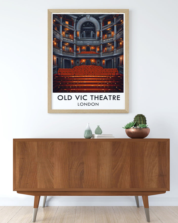 Bring the elegance of Londons West End into your home with this Old Vic travel poster. Featuring the theatres main auditorium, this art deco print combines classic design with modern flair, making it a perfect addition to any art collection or décor.