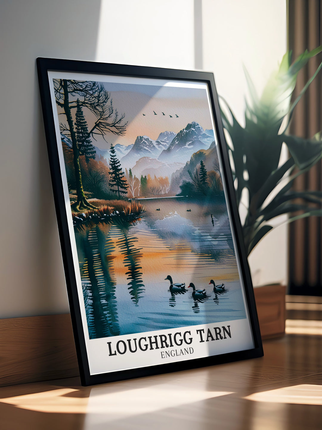 Lake District retro travel posters featuring picturesque views of Langdale Pikes and Loughrigg Tarn. These art deco travel posters bring a vintage charm to your home decor, perfect for Europe lake travel lovers. Capture the timeless beauty of Lake District National Park with our retro travel posters that showcase the regions stunning landscapes.