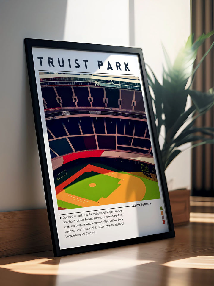 Personalized gift featuring a Truist Park painting crafted with intricate details and vibrant colors this artwork celebrates the Braves iconic stadium perfect for special occasions this custom gift will be cherished by any sports fan who loves the Braves and Truist Park